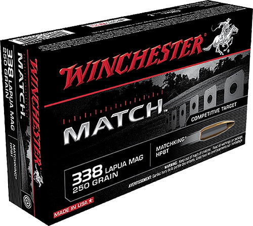 Winchester Ammo S338LM Match 338 Lapua Mag 250 GR Sierra Matchking Boat Tail Hollow Point BTHP 20 Bx 10 Cs