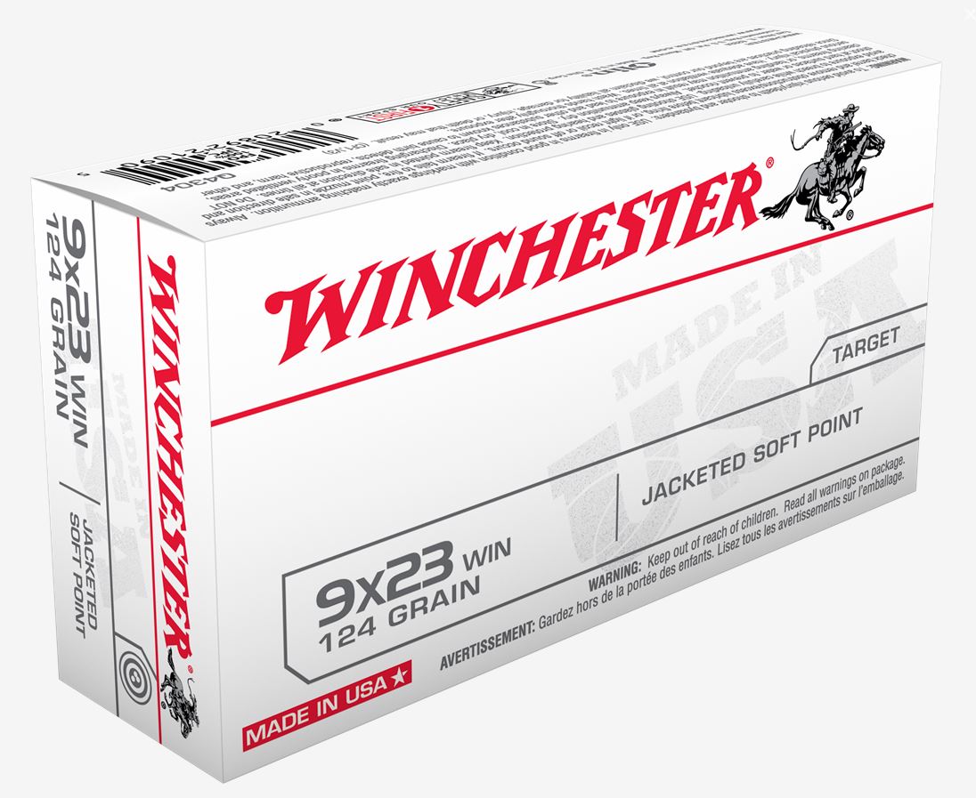 Winchester Repeating Arms Winchester Ammo Q4304 USA 9x23 Winchester 124 GR Jacketed Soft Point JSP 50 Bx 10 Cs