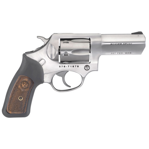 RUGER SP101 327 Federal Magnum 3 6rd Revolver  Stainless  Black Rubber w Wood Insert Grips
