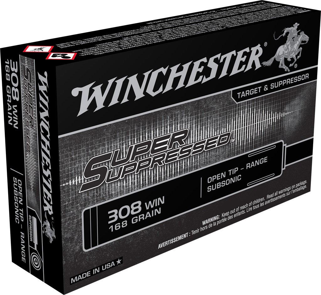 Winchester Repeating Arms Winchester Ammo SUP308 Super Suppressed 308 Winchester 168 GR Open Tip Range Subsonic 20 Bx 10 Cs