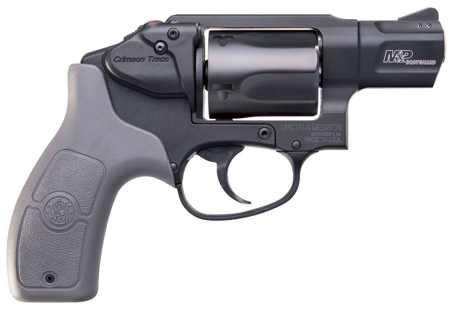 Smith & Wesson 12058 M&P Bodyguard *MA Compliant 38 S&W Spl +P 5 Shot 1.88″ Black PVD Barrel/Cylinder, Matte Black Aluminum J-Frame, Gray Polymer Grip, Includes Crimson Trace Red Laser