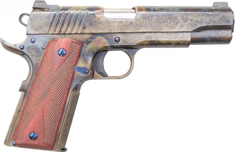 STANDARD MFG 1911 45ACP 5″ 7rd Pistol – Engraved Case Hardened | Rosewood Grips