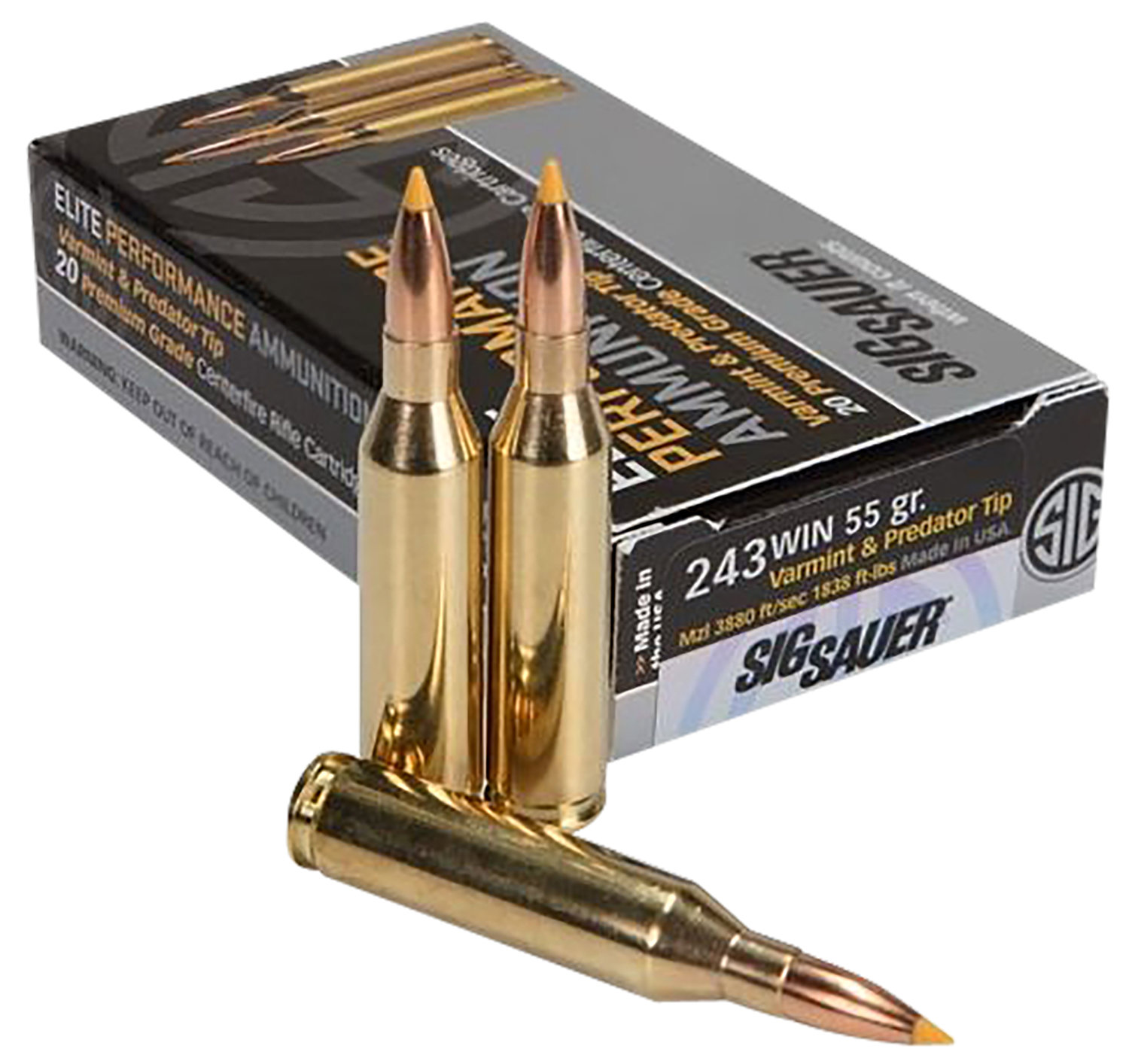 SIG SAUER Ammo 243 Win 55GR Elite Series Varmint Predator Box 20 Extreme Expansion