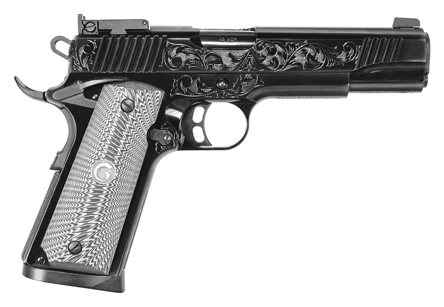 EAA GIRSAN 390098 MC1911 S Lux Full Size 45 ACP 8+,1 5″ Black Steel Barrel, Black Chrome w/Engraving Serrated Slide, Black Chrome Engraved Steel Frame w/Beavertail, G10 Grips Ambidextrous