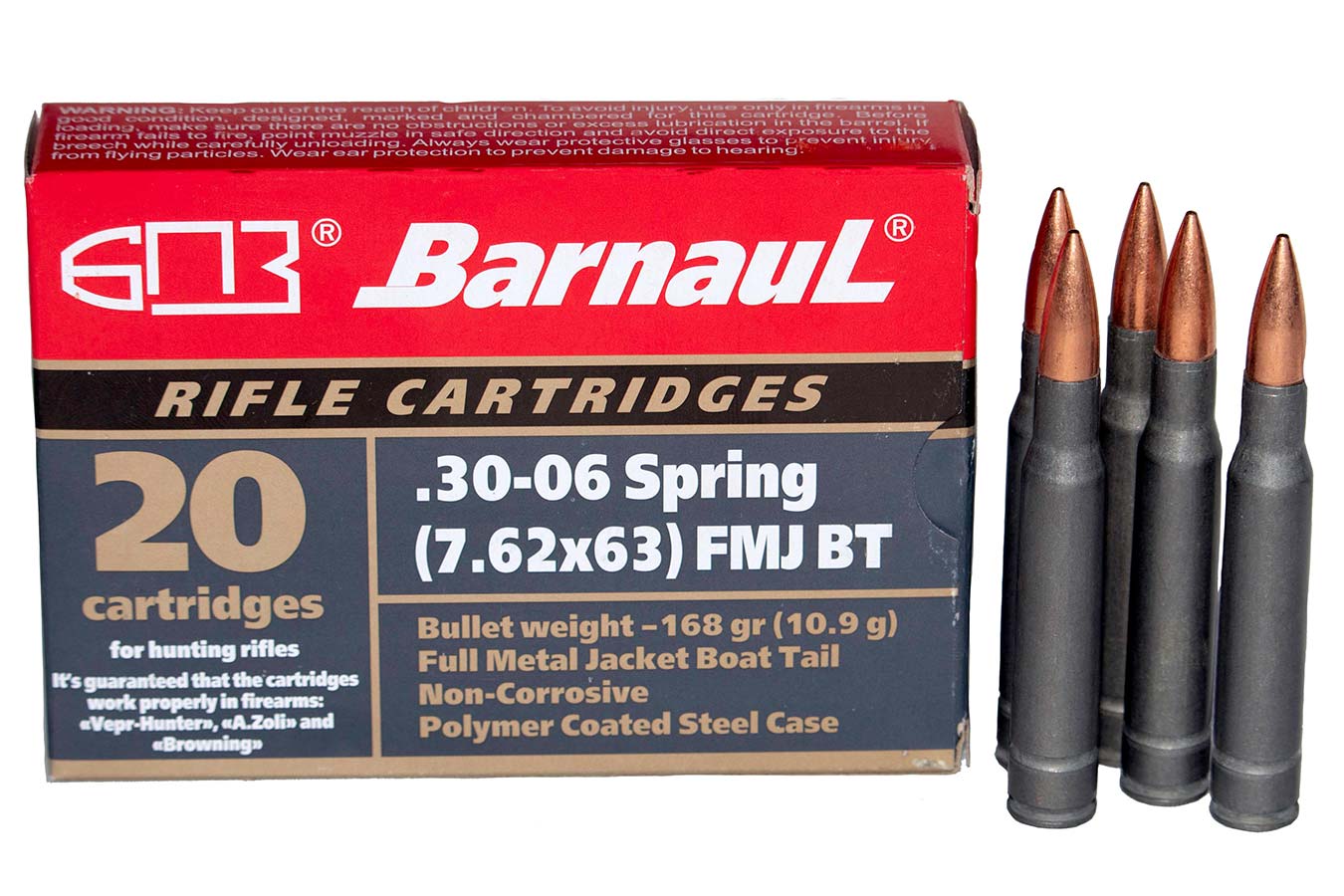 Barnaul BARNAUL AMMO 30-06 168Gr FMJ Brass Coated Steel Case 20rd