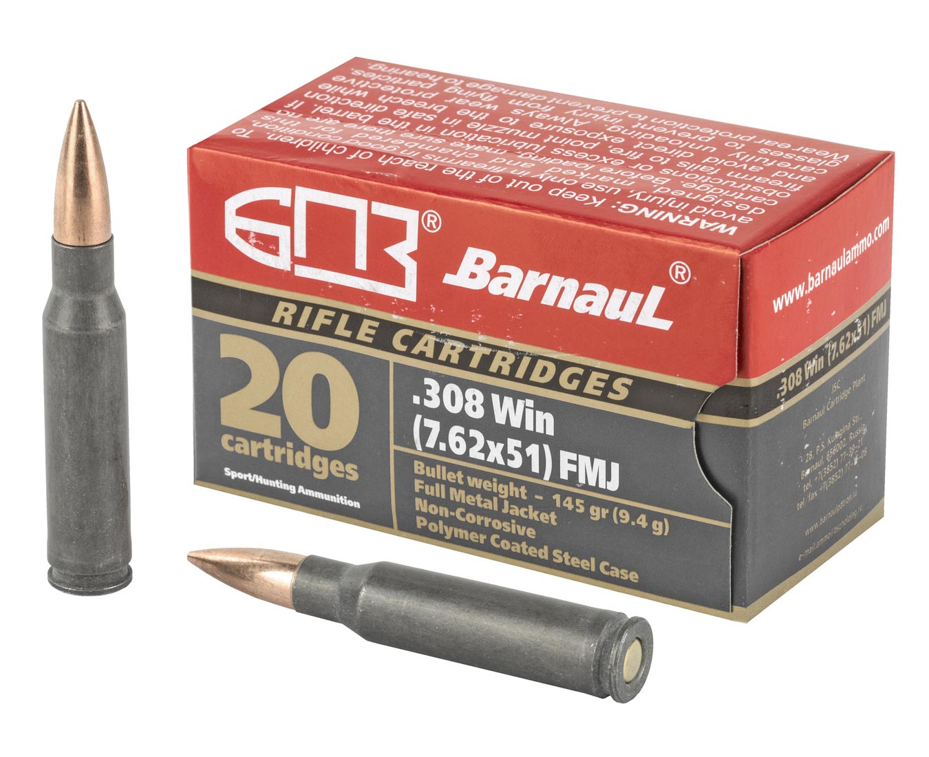 Barnaul BARNAUL AMMO 308 Win 145gr FMJ Brass Polycoated Steel Case 20rd