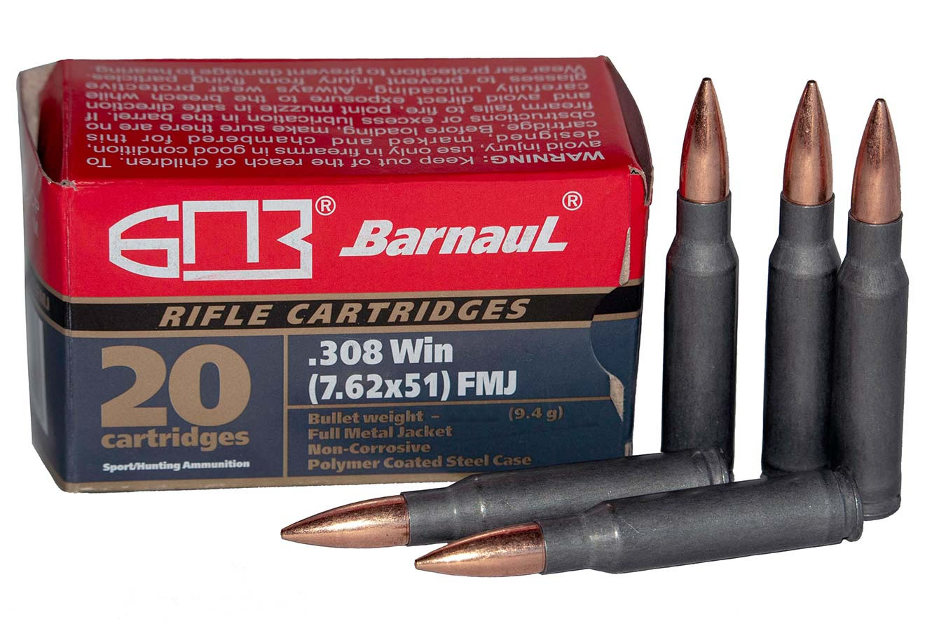 Barnaul BARNAUL AMMO 308 Win 168Gr FMJBT Polycoated Steel Case 20rd