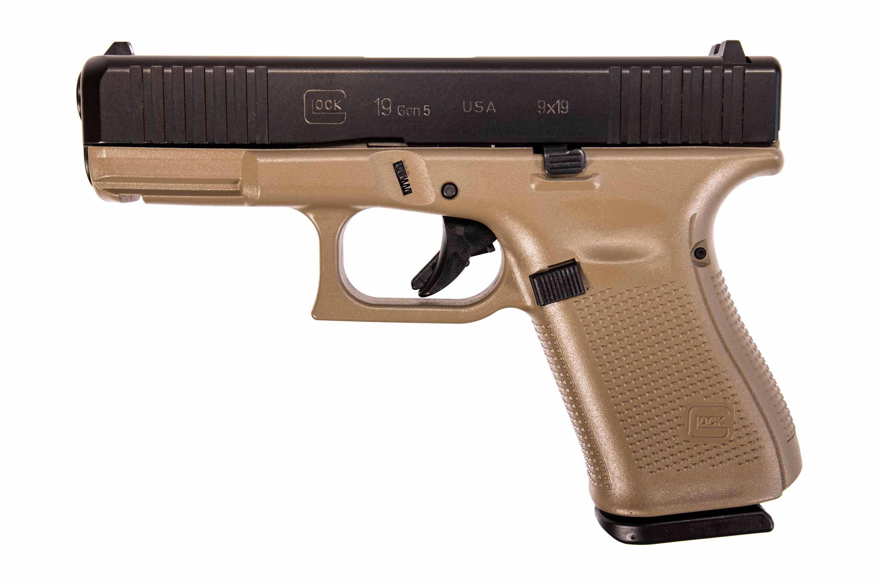 Glock GLOCK G19 G5 9mm 4" 15rd Pistol w/ Front Serrations - FDE / Black