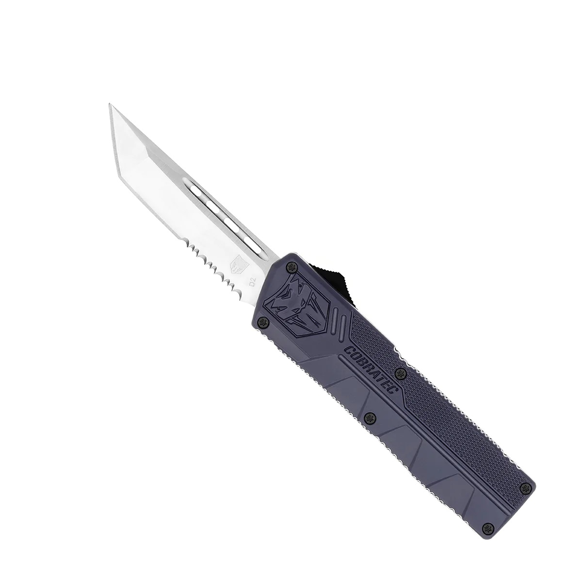 COBRATEC Lightweight NYPD AUTO OTF Knife 3.25" Tanto Serrated Blade w/ Black Aluminum Handles