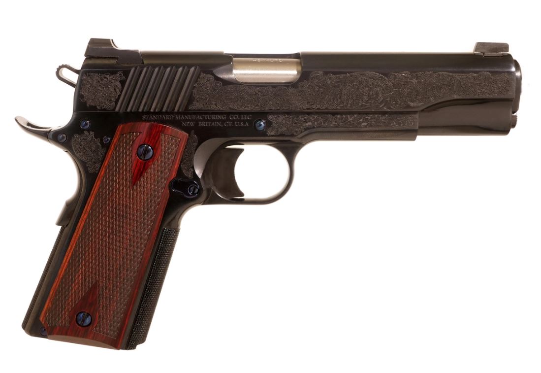 STANDARD MFG 1911 45 ACP 5" 7rd Pistol - Engraved Blue / Wood Grips