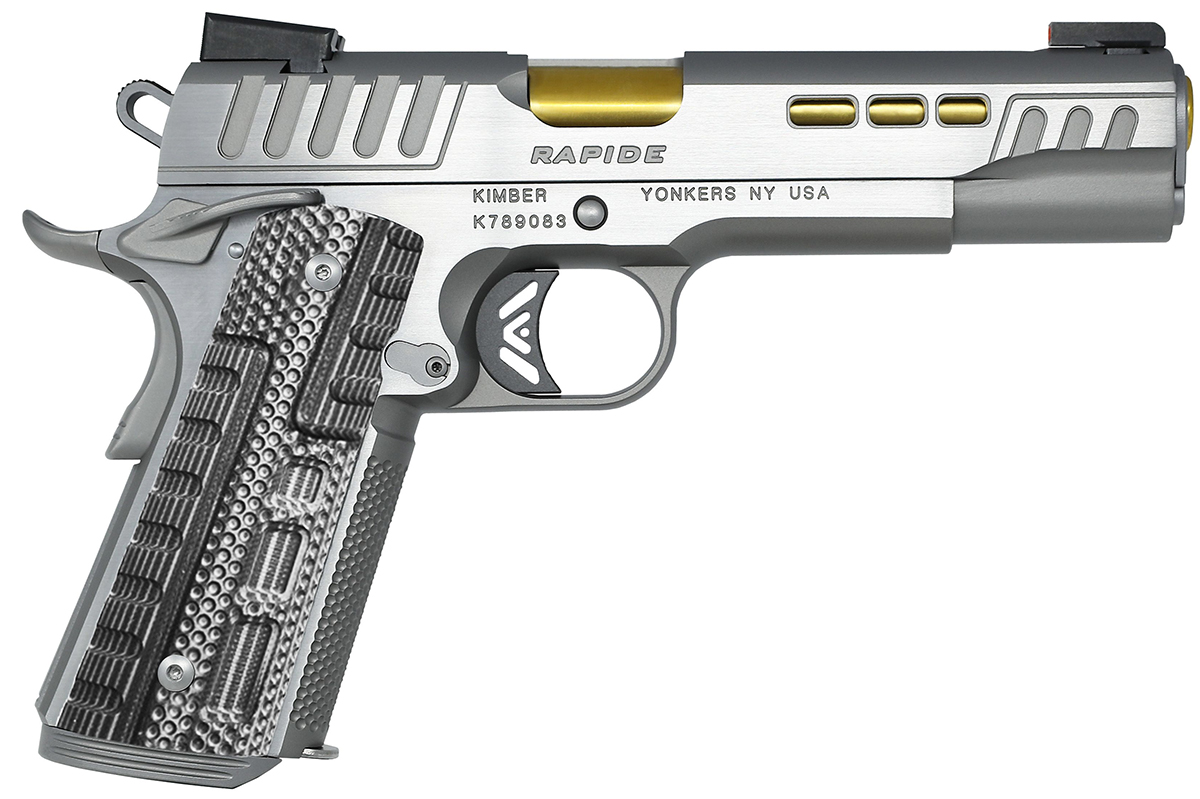KIMBER Rapide Dawn 1911 10mm 5" 8rd Pistol w/ Night Sights - Grey / G10 Grips / Gold Barrel
