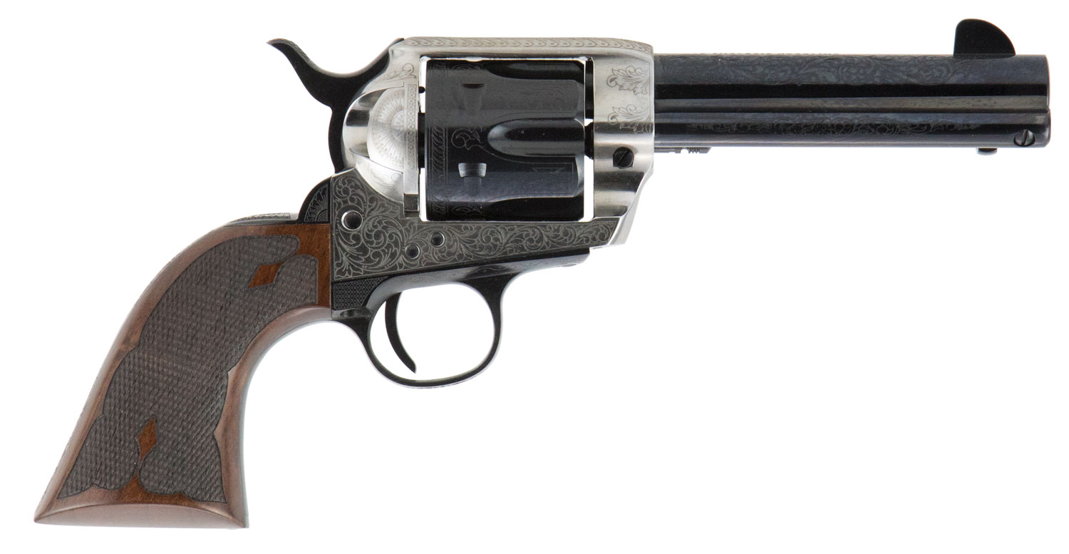 CIMARRON Frontier Pre-Ware 1896-1940 45LC 4.75" 6rd Revolver | Engraved "Old Silver" w/ Walnut Grips