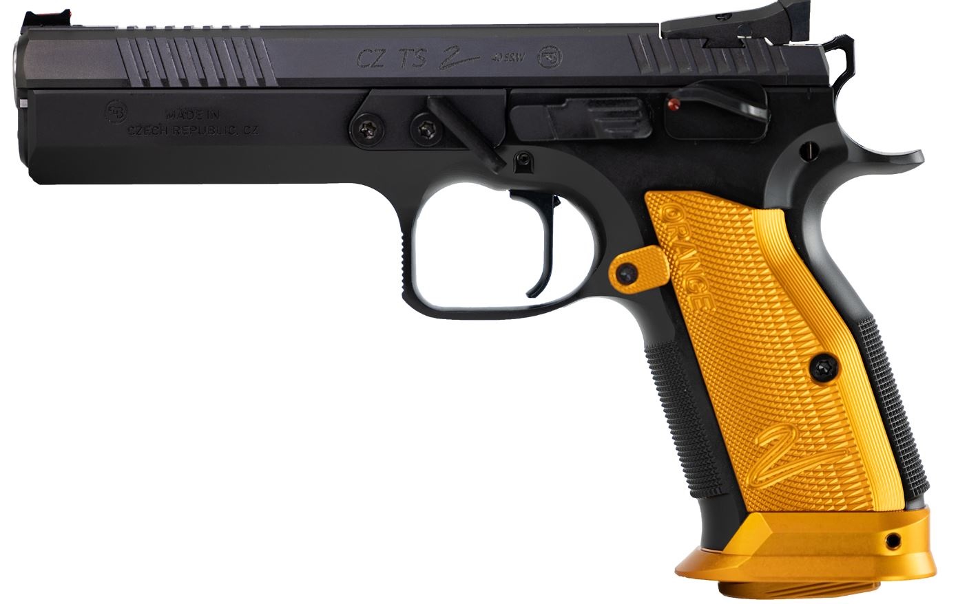 CZ-USA TS 2 Orange 9mm 5.2" 20rd Pistol - Black w/ Orange Aluminum Grips