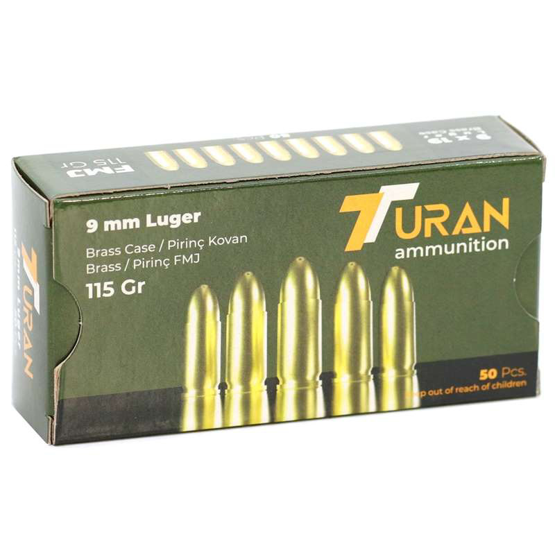 Turan Ammunition TURAN AMMUNITION 9MM 115Gr Full Metal Jacket, Brass - 50 Round