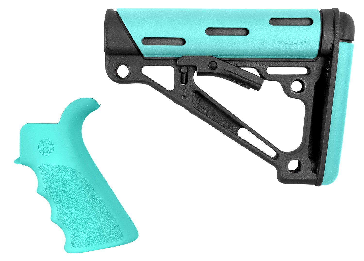 Hogue AR 15 M 16 KIT Finger Groove Beavertail Grip And Overmolded Collapsible Buttstock Fits Commercial Buffer Tube Aqua Rubber