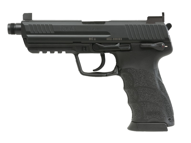 HK 81001117 HK45 V1 .45 ACP 10+1 4.46″ Black Threaded Barrel, Black Cerakote Serrated Steel Slide, Black Polymer Frame w/Picatinny Rail, Ambidextrous