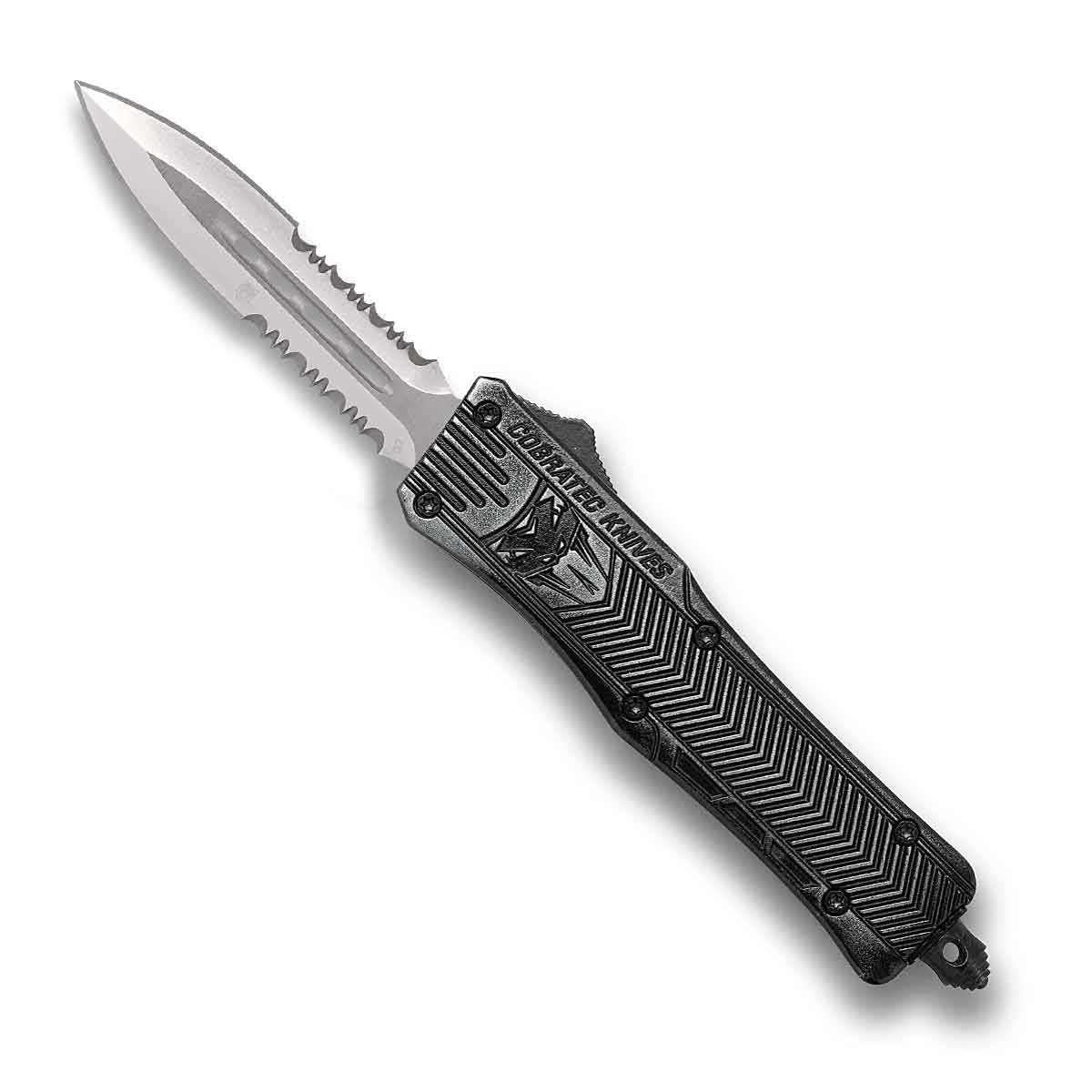CobraTec Knives SSWCTK1SDAG2SS CTK-1 2.75″ OTF Part Serrated D2 Steel Blade/Stonewashed Aluminum Handle Features Glass Breaker Includes Pocket Clip