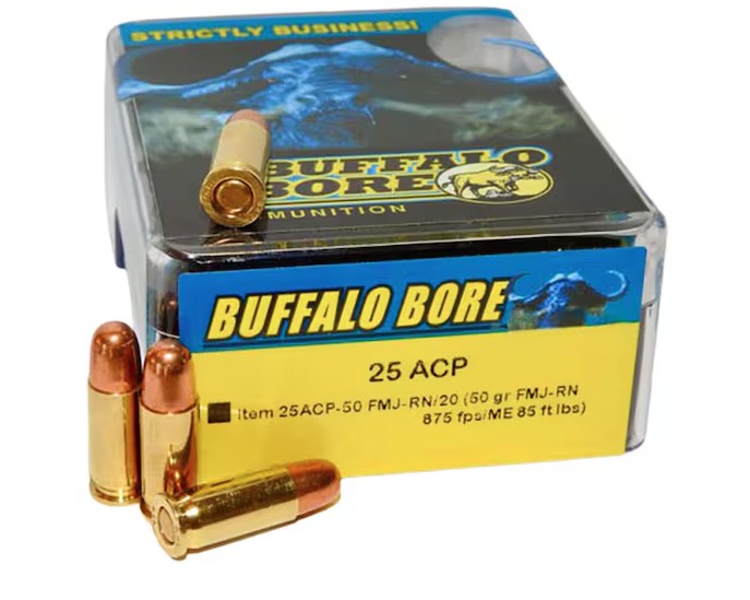 Buffalo Bore BUFFALO BORE 25 ACP 50Gr FMJ-RN (875FPS/ME 85 ft lbs) 20rd