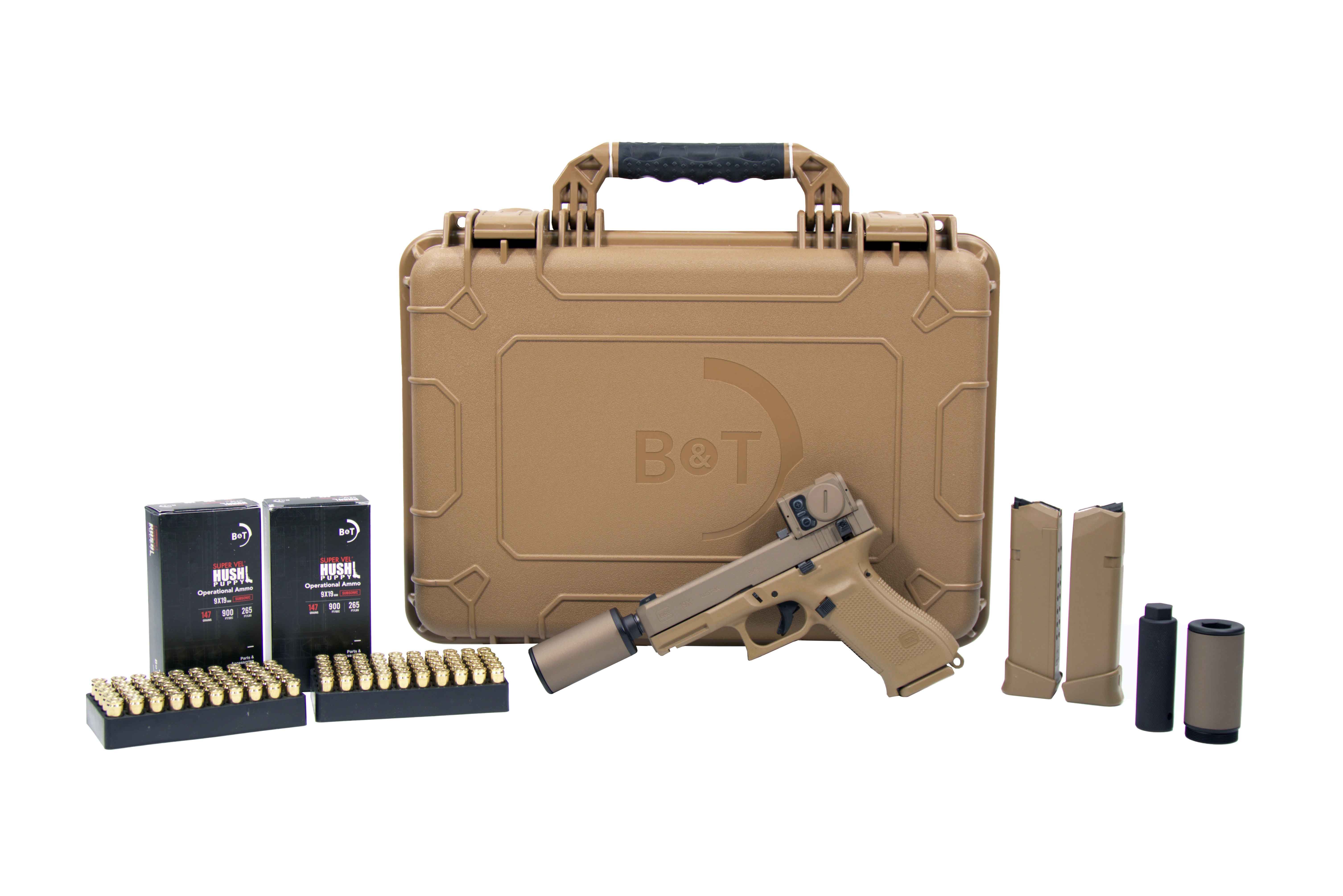 B&T USA B&T USA Hush Puppy Ammo & Suppressor Combo 9mm 4.02" 17rd - Coyote Tan w/ Aimpoint ACRO