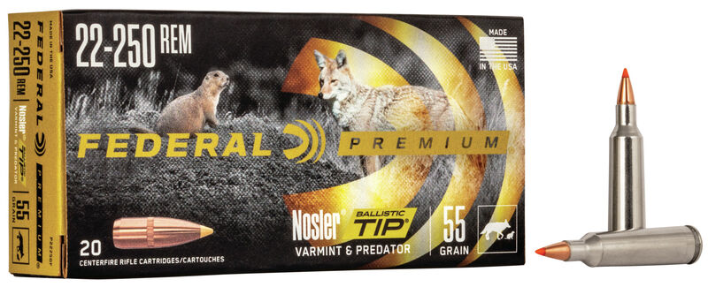 Federal Federal P22250F Premium V Shok 22 250 Rem 55 GR Nosler Ballistic Tip Nbt 20 Bx 10 Cs